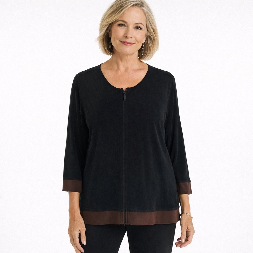 Chicos Zip Front Top Women‎ L Black Brown Liquid Knit Travel Minimalist Classic